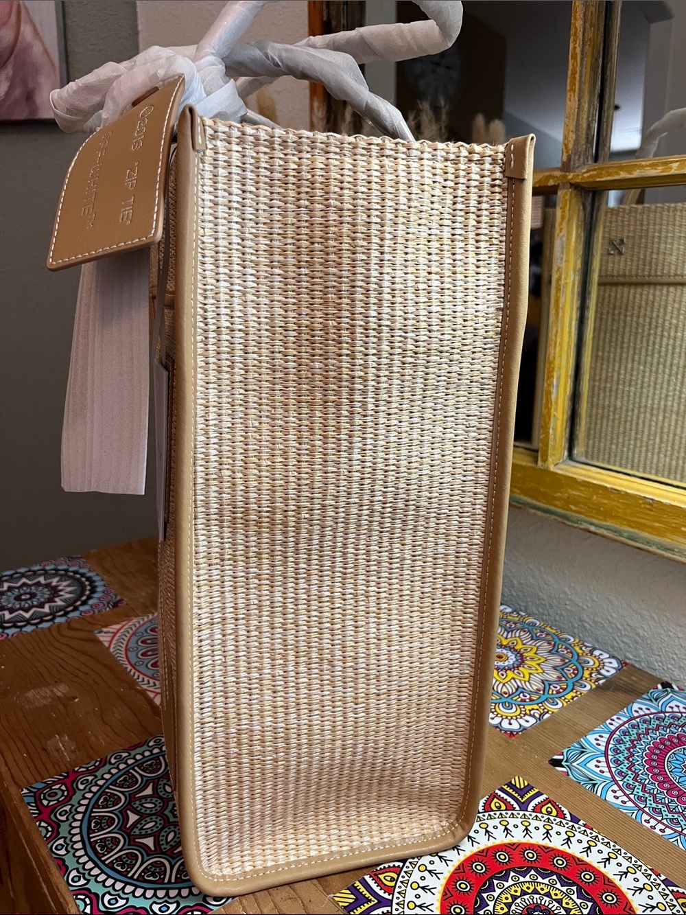 NWT Off-White Natural Wicker Tote with Tan Arrow Logo - Picture 2 of 8